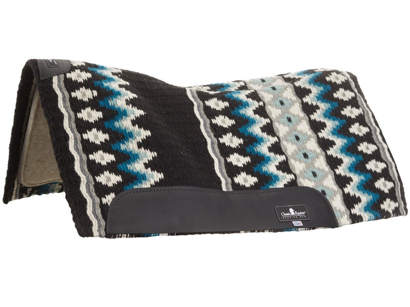 blue, grey, black and white woven western saddle pad. 